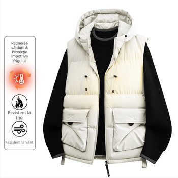 Jachetă cu glugă din bumbac, stil coreean, croială mulată, umplutură din bumbac; exterior poliester, căptușeală poliester, buzunare laterale