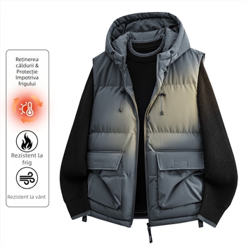 Jachetă cu glugă din bumbac, stil coreean, croială mulată, umplutură din bumbac; exterior poliester, căptușeală poliester, buzunare laterale