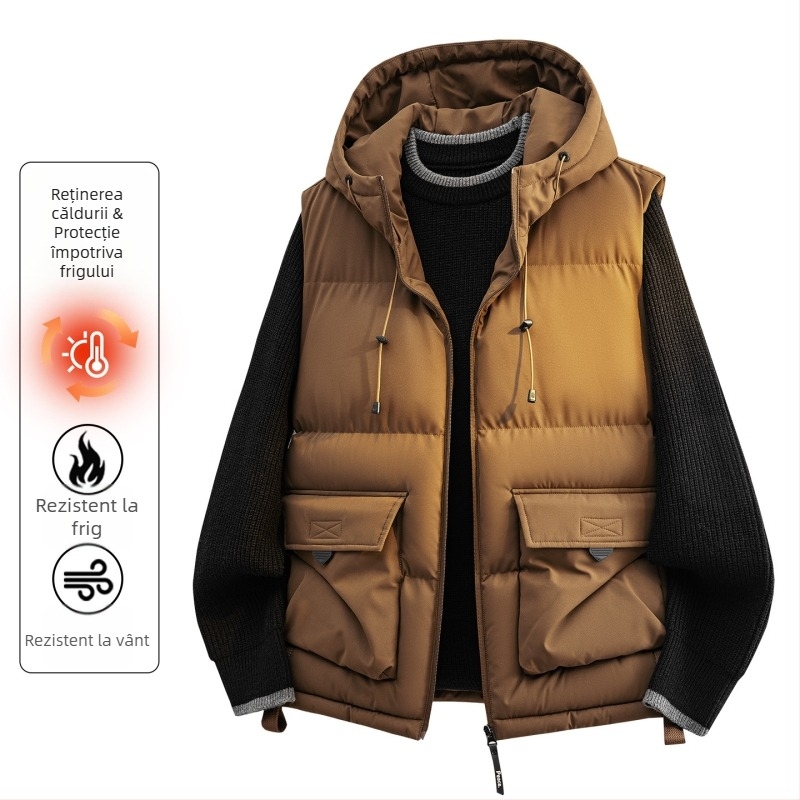 Jachetă cu glugă din bumbac, stil coreean, croială mulată, umplutură din bumbac; exterior poliester, căptușeală poliester, buzunare laterale