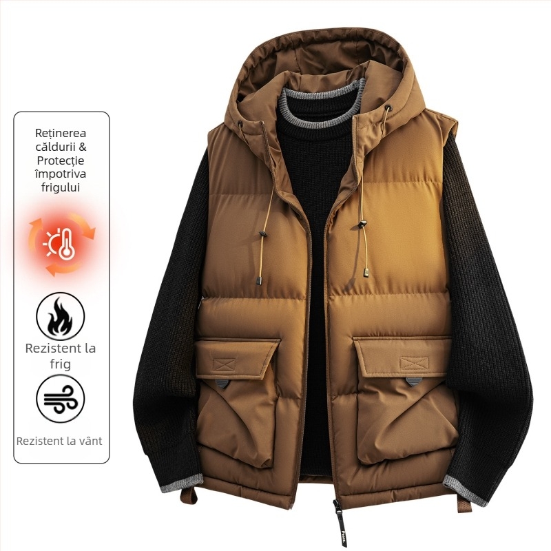 Jachetă cu glugă din bumbac, stil coreean, croială mulată, umplutură din bumbac; exterior poliester, căptușeală poliester, buzunare laterale