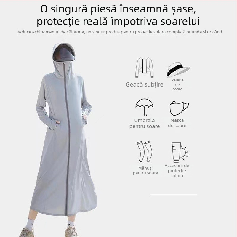 Jachetă lungă cu glugă pentru exterior, din Nylon, protecție UV UPF50+, uscare rapidă și respirabilă