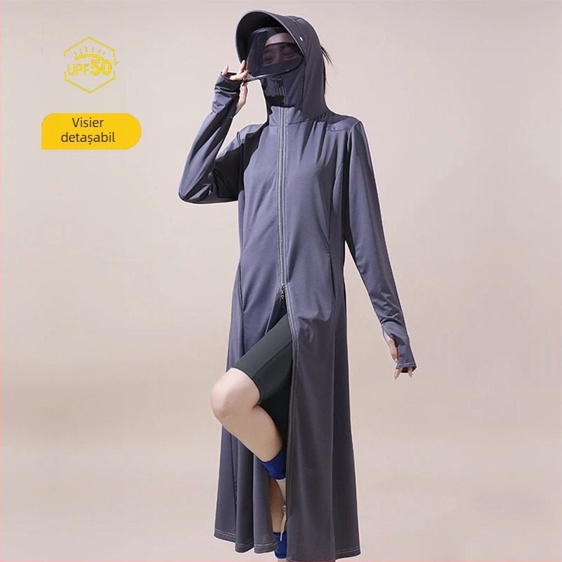 Jachetă lungă cu glugă pentru exterior, din Nylon, protecție UV UPF50+, uscare rapidă și respirabilă