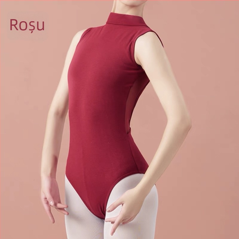 Body de dans pentru femei – spate încrucișat, spate decupat, fără mâneci, guler înalt cu stand, bumbac 70% cu căptușeală 70%