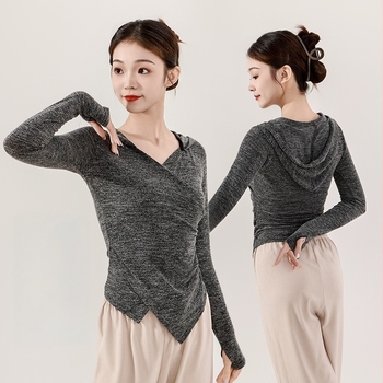 Îmbrăcăminte de dans pentru femei: top tricotat cu glugă, mâneci lungi și decolteu în V, croială slim, material tricot, poliester 95%