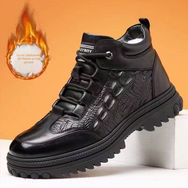 Ghete de iarnă pentru bărbați, înalte, din PU, căptușite cu blană artificială, talpă din cauciuc antiderapant, închidere cu șireturi