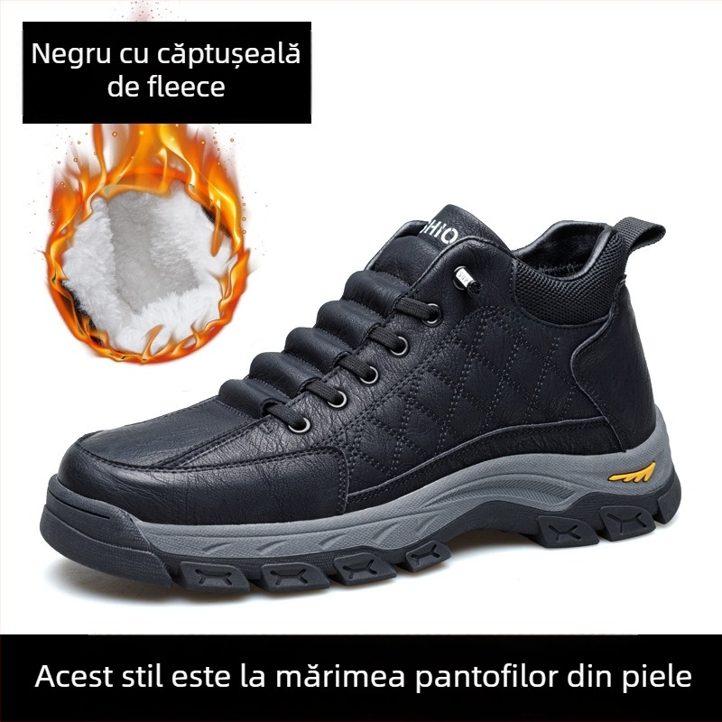 Papuci de interior pentru bărbați, iarnă, cu partea superioară din piele dublă de vită, căptușeală din lână, talpă din cauciuc și curea elastică