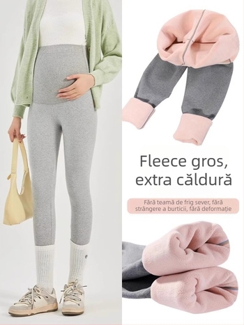 Pantaloni de maternitate cu căptușeală fleece din amestec de lână, calzi, lungi, grosime medie, talie înaltă