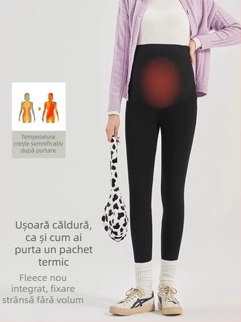 Pantaloni de maternitate cu căptușeală fleece din amestec de lână, calzi, lungi, grosime medie, talie înaltă