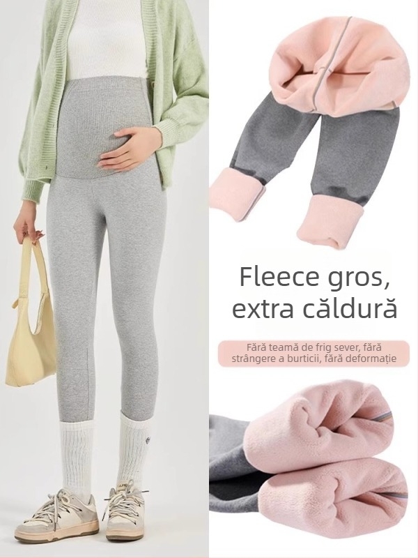 Pantaloni de maternitate cu căptușeală fleece din amestec de lână, calzi, lungi, grosime medie, talie înaltă