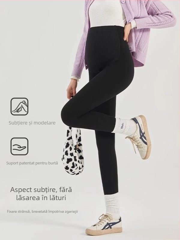 Pantaloni de maternitate cu căptușeală fleece din amestec de lână, calzi, lungi, grosime medie, talie înaltă