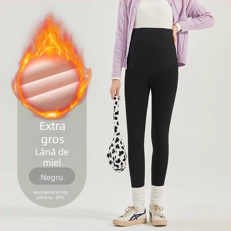 Pantaloni de maternitate cu căptușeală fleece din amestec de lână, calzi, lungi, grosime medie, talie înaltă