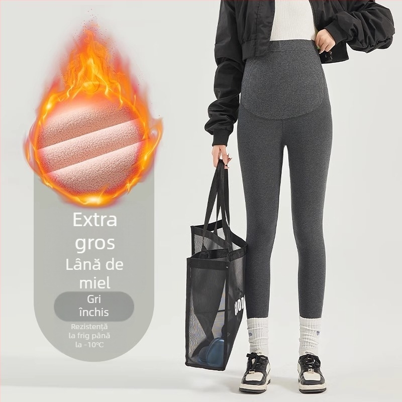 Pantaloni de maternitate cu căptușeală fleece din amestec de lână, calzi, lungi, grosime medie, talie înaltă