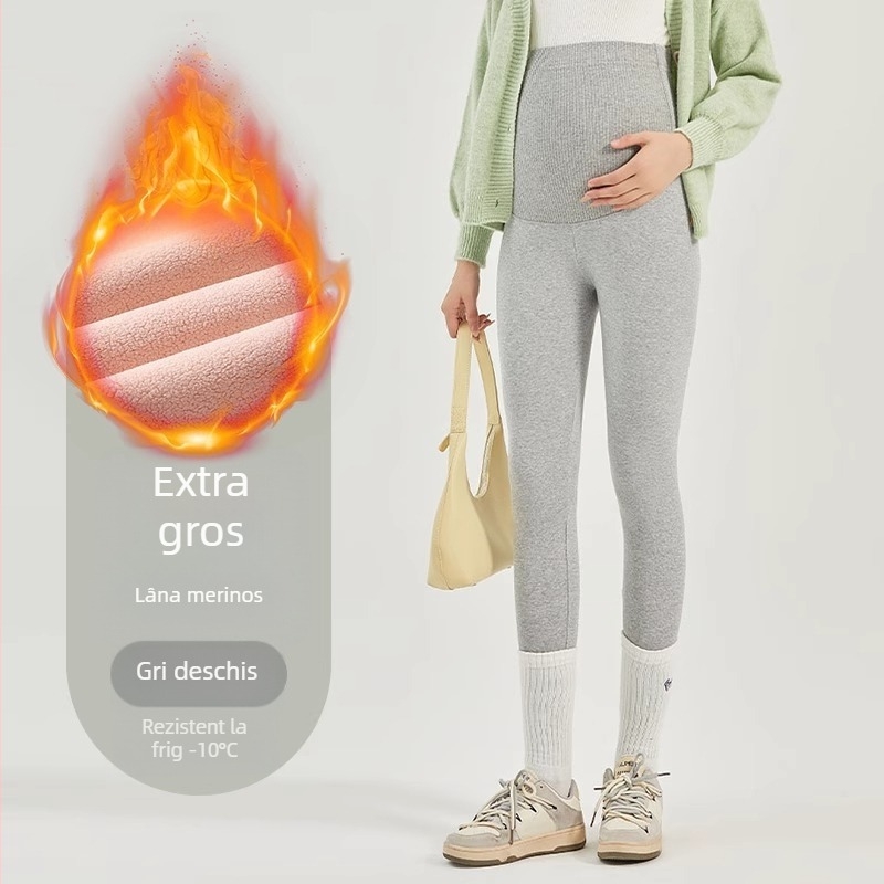 Pantaloni de maternitate cu căptușeală fleece din amestec de lână, calzi, lungi, grosime medie, talie înaltă