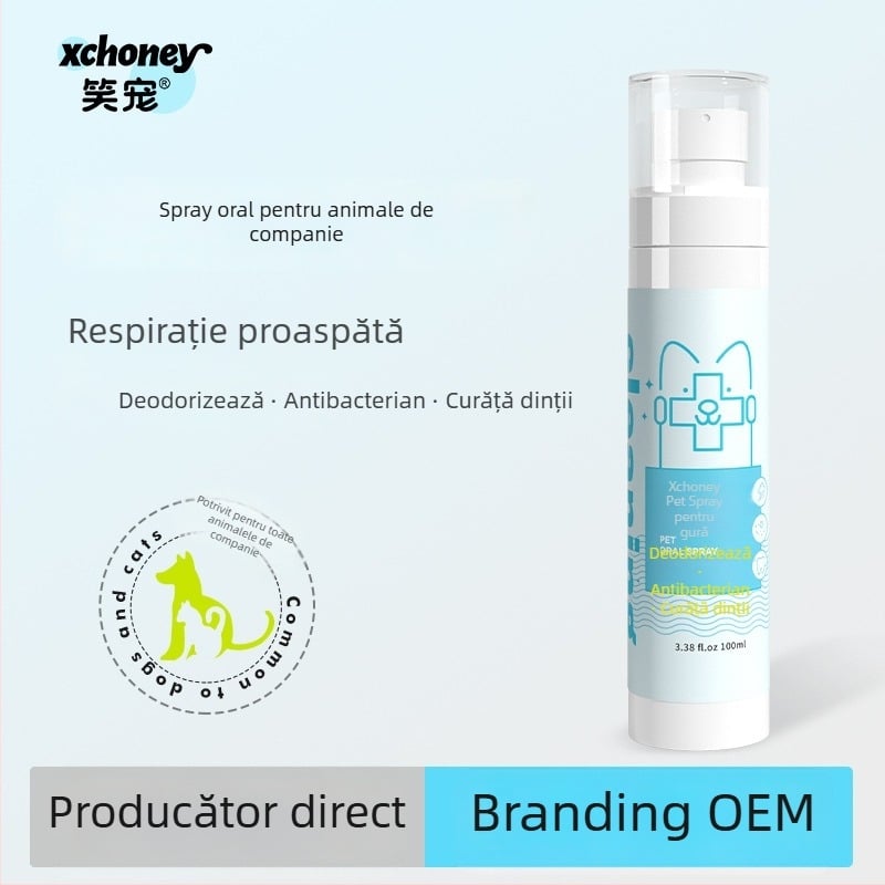 Spray de prospețime orală pentru animale de companie — respirație proaspătă, curățare dentară, spray pentru calcul dentar; Laughing Pet, plastic ecologic