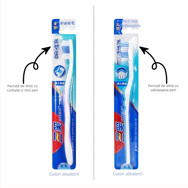 Three Laughs periuță de dinți manuală pentru adulți, cu peri tari și moi duale, design arc de val, ambalată individual, pentru curățare interdentală