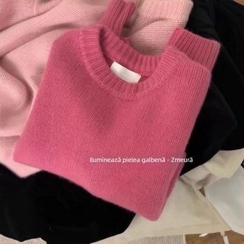 Pulover tricotat cu guler rotund, design abstract patchwork, din lână-viscoză, gros, mâneci lungi, croială lejeră