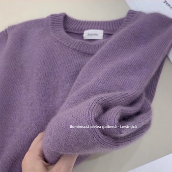 Pulover tricotat cu guler rotund, design abstract patchwork, din lână-viscoză, gros, mâneci lungi, croială lejeră