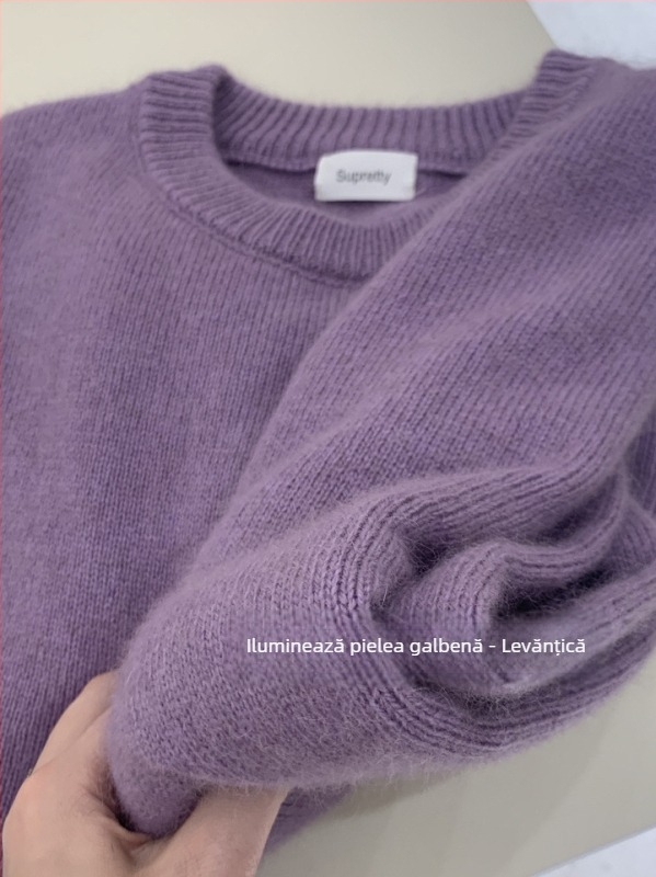 Pulover tricotat cu guler rotund, design abstract patchwork, din lână-viscoză, gros, mâneci lungi, croială lejeră