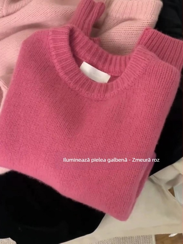 Pulover tricotat cu guler rotund, design abstract patchwork, din lână-viscoză, gros, mâneci lungi, croială lejeră