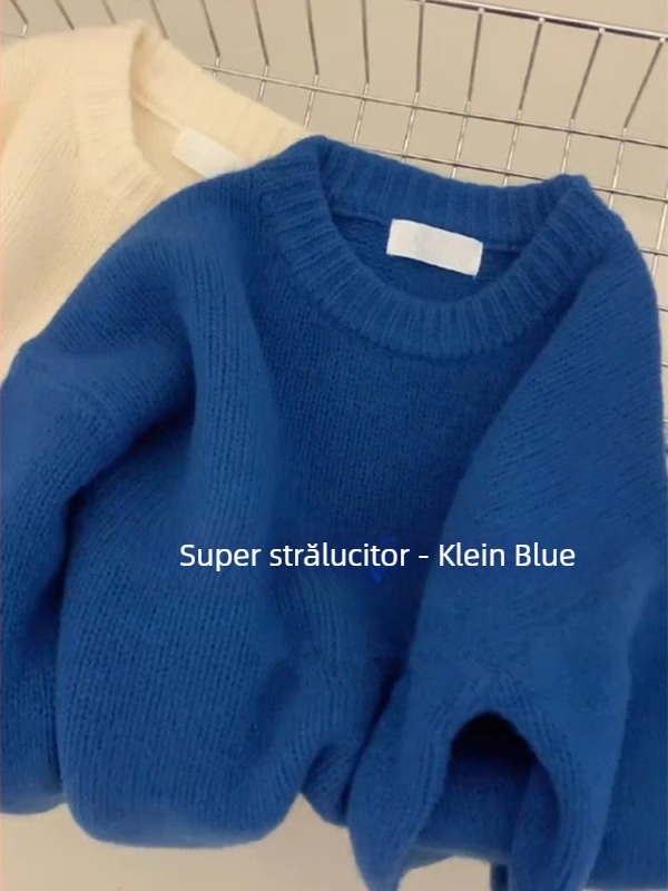 Pulover tricotat cu guler rotund, design abstract patchwork, din lână-viscoză, gros, mâneci lungi, croială lejeră