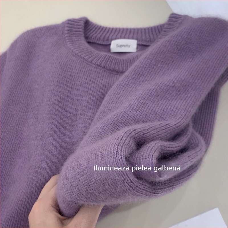 Pulover tricotat cu guler rotund, design abstract patchwork, din lână-viscoză, gros, mâneci lungi, croială lejeră