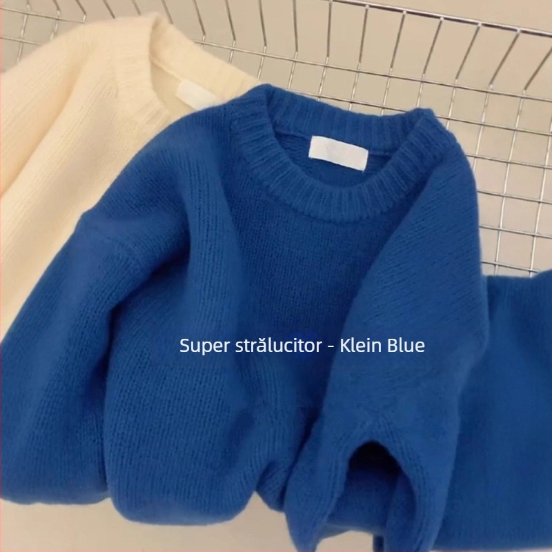 Pulover tricotat cu guler rotund, design abstract patchwork, din lână-viscoză, gros, mâneci lungi, croială lejeră