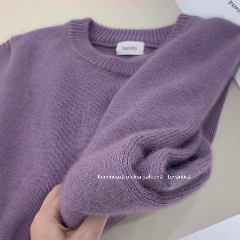 Pulover tricotat cu guler rotund, design abstract patchwork, din lână-viscoză, gros, mâneci lungi, croială lejeră