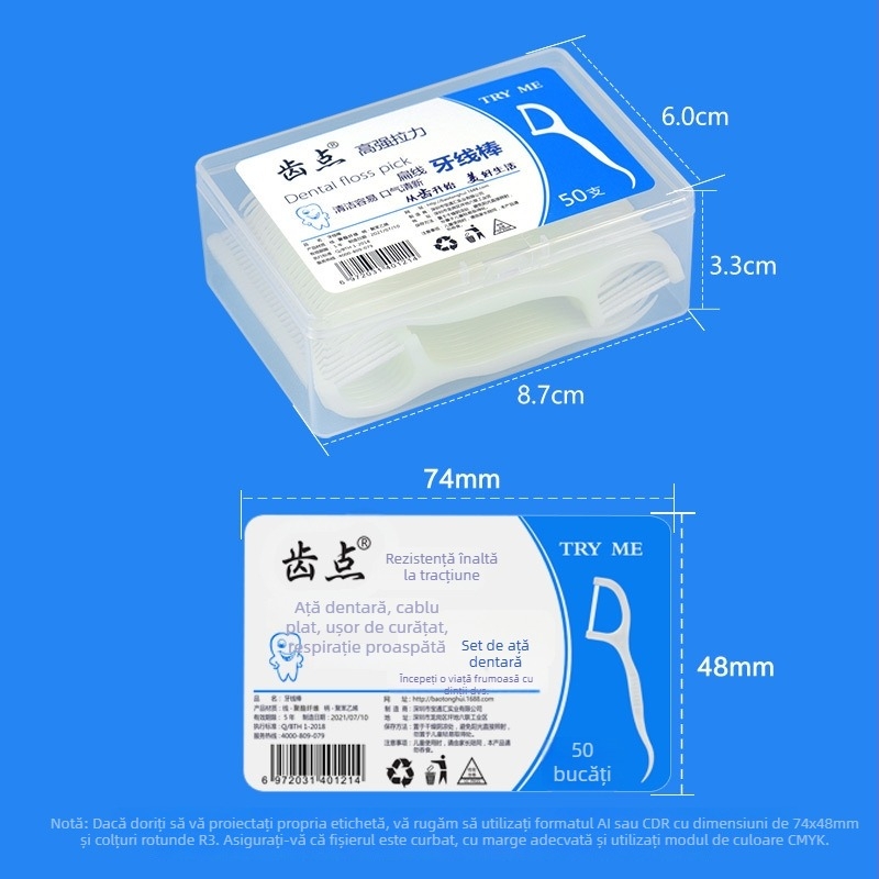 Bețișoare de ață dentară – ultra-fine, plat, din plastic, de unică folosință, 30–50 bucăți, ambalaj de 300 de seturi