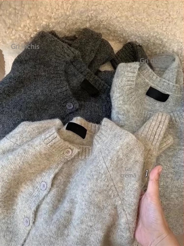 Cardigan tricotat în stil coreean pentru femei, textură pluș teddy bear, gros și confortabil, guler rotund, mâneci raglan, potrivit pentru toamnă-iarnă 2025