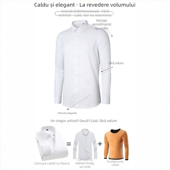 Cămașă din fibre de bambus, fleece gros pentru căldură, croială ajustată, mâneci lungi, guler turn-down