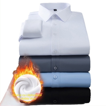 Cămașă din fibre de bambus, fleece gros pentru căldură, croială ajustată, mâneci lungi, guler turn-down