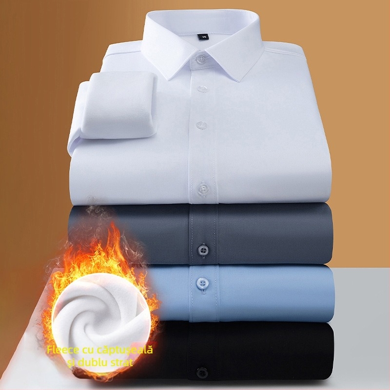 Cămașă din fibre de bambus, fleece gros pentru căldură, croială ajustată, mâneci lungi, guler turn-down