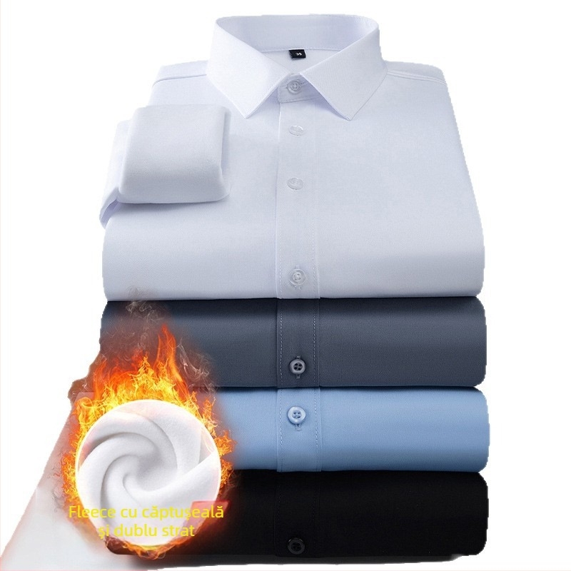 Cămașă din fibre de bambus, fleece gros pentru căldură, croială ajustată, mâneci lungi, guler turn-down