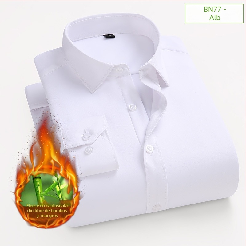 Cămașă din fibre de bambus, fleece gros pentru căldură, croială ajustată, mâneci lungi, guler turn-down