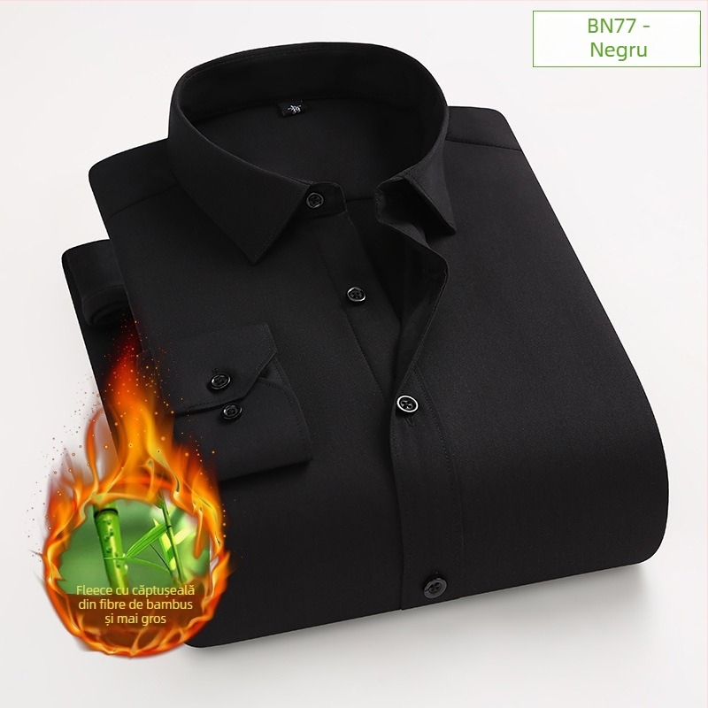 Cămașă din fibre de bambus, fleece gros pentru căldură, croială ajustată, mâneci lungi, guler turn-down