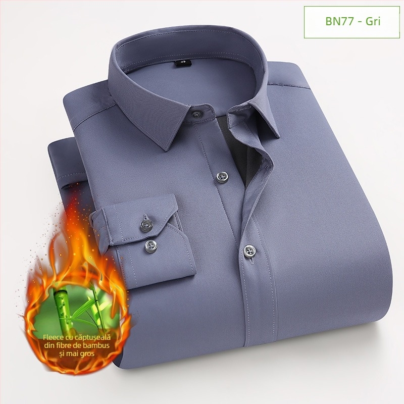 Cămașă din fibre de bambus, fleece gros pentru căldură, croială ajustată, mâneci lungi, guler turn-down