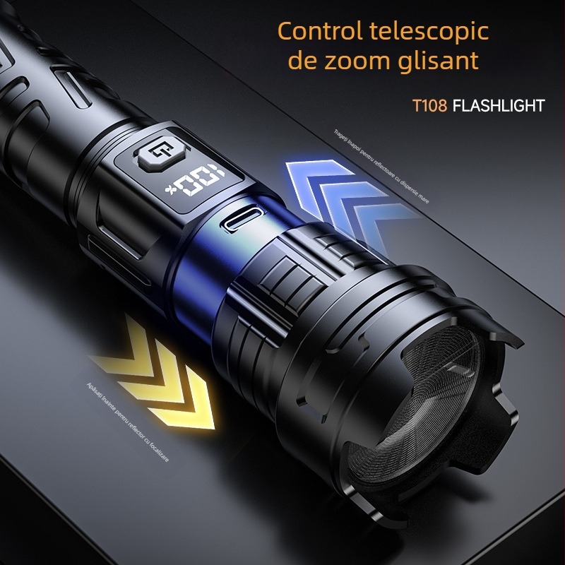 Lanternă LED reîncărcabilă cu manivelă, 5W, baterie 800mAh, fascicul zoom 100–200 m, portabilă pentru camping și uz casnic