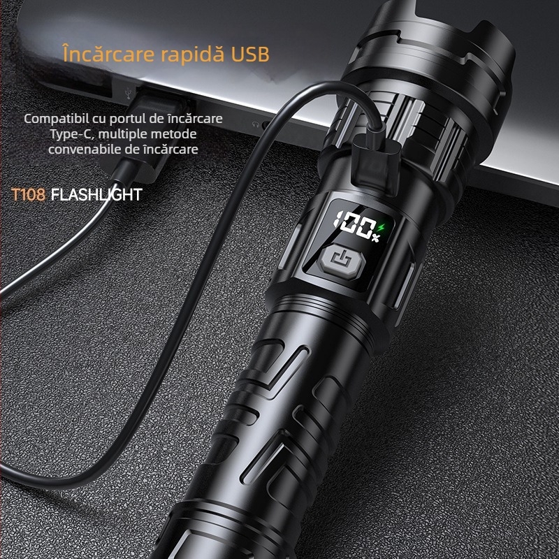 Lanternă LED reîncărcabilă cu manivelă, 5W, baterie 800mAh, fascicul zoom 100–200 m, portabilă pentru camping și uz casnic