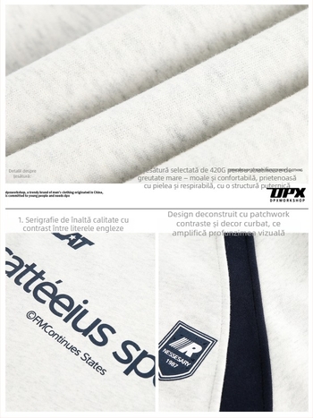 Pulover cu aplicații de litere în stil american, guler rotund, croială lejeră, mâneci lungi, bumbac 60% / poliester 40%.