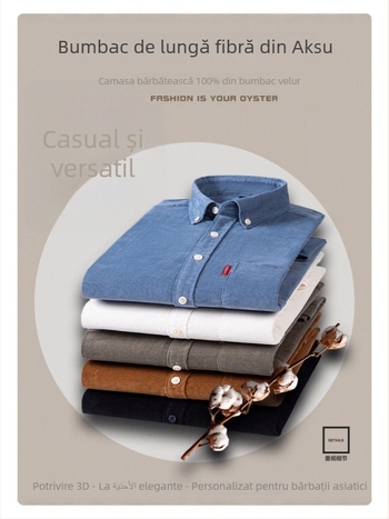 Cămașă pentru bărbați din bumbac, mânecă lungă, guler cu nasturi, croială slim, culoare solidă