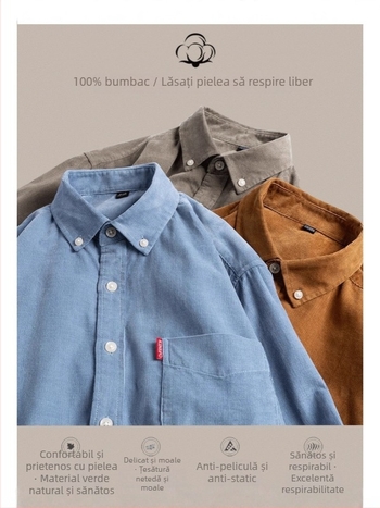 Cămașă pentru bărbați din bumbac, mânecă lungă, guler cu nasturi, croială slim, culoare solidă