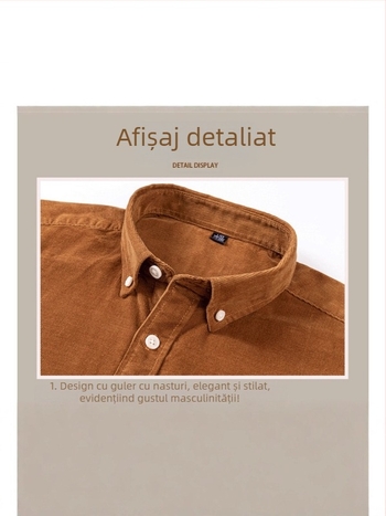 Cămașă pentru bărbați din bumbac, mânecă lungă, guler cu nasturi, croială slim, culoare solidă
