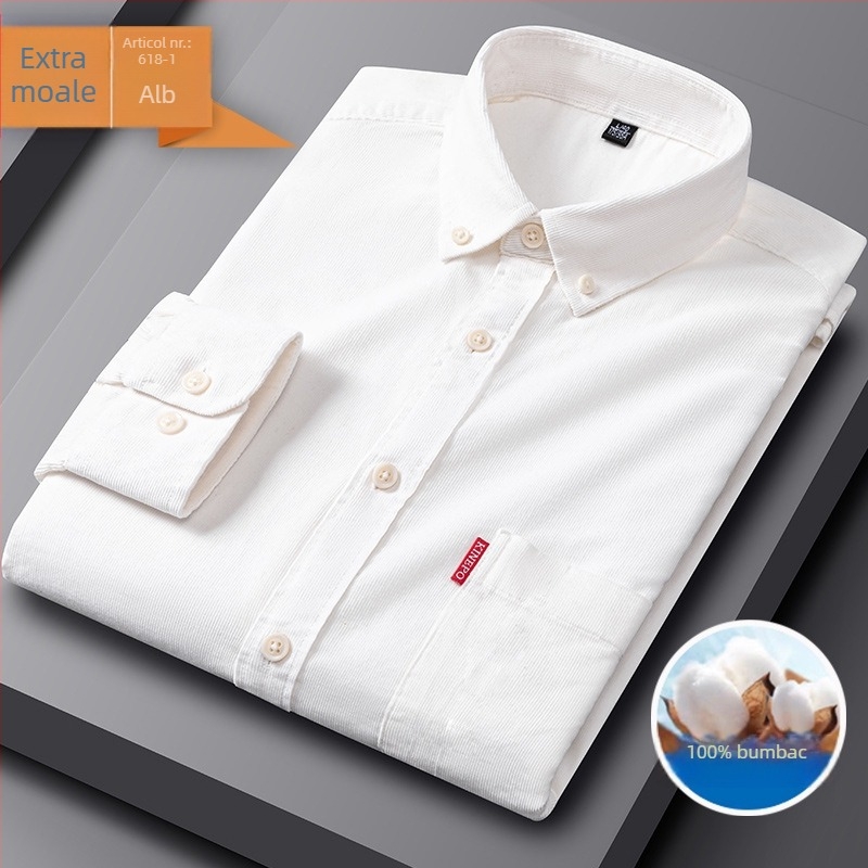 Cămașă pentru bărbați din bumbac, mânecă lungă, guler cu nasturi, croială slim, culoare solidă
