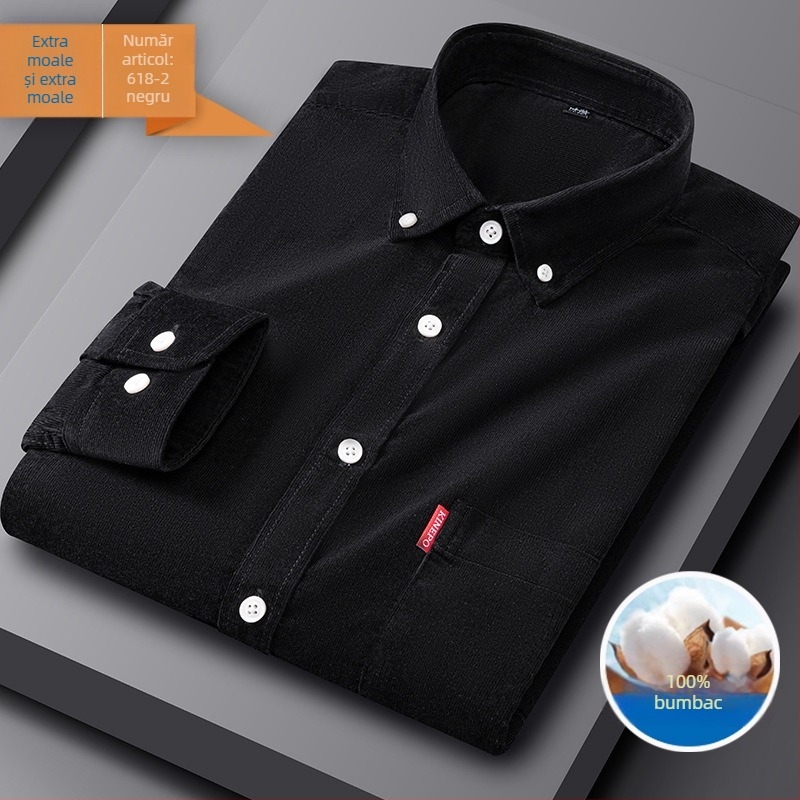 Cămașă pentru bărbați din bumbac, mânecă lungă, guler cu nasturi, croială slim, culoare solidă