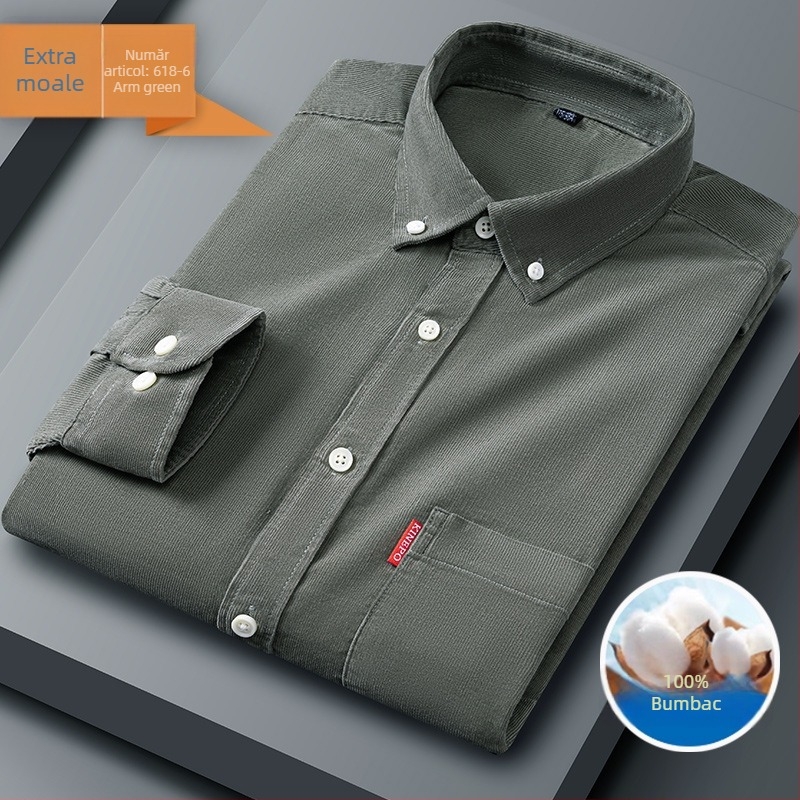 Cămașă pentru bărbați din bumbac, mânecă lungă, guler cu nasturi, croială slim, culoare solidă
