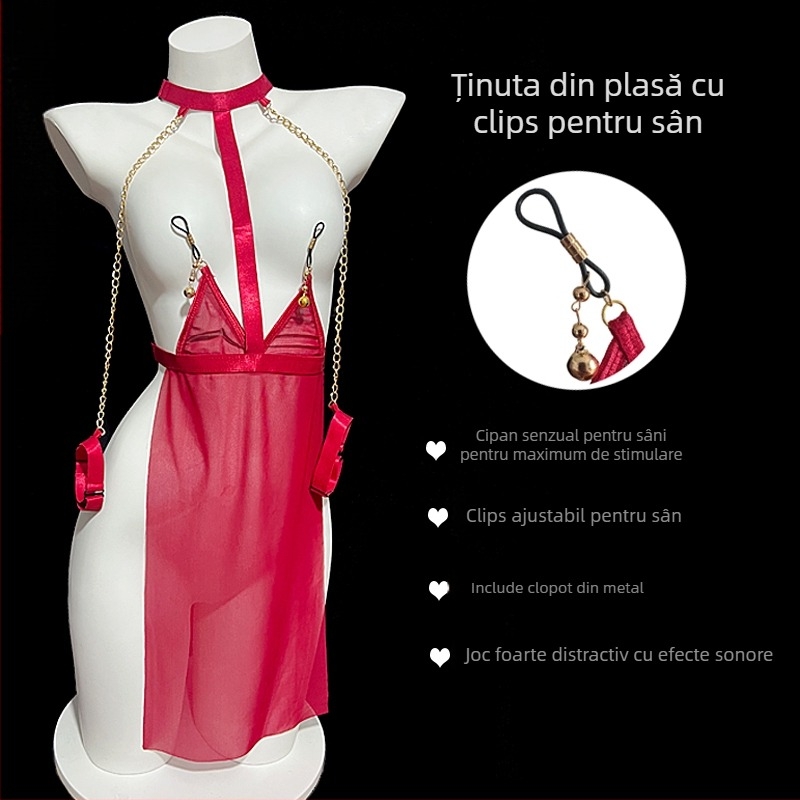 Set de lenjerie BDSM cu plasă, material poliester, conținut poliester 70–80%, stil uniform, pentru femei