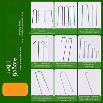 Cuie de sol în formă de U, filetate, cu vârf înclinat, galvanizate, destinate fixării conductelor în grădină și în seră și fixării foliei anti-ierbă