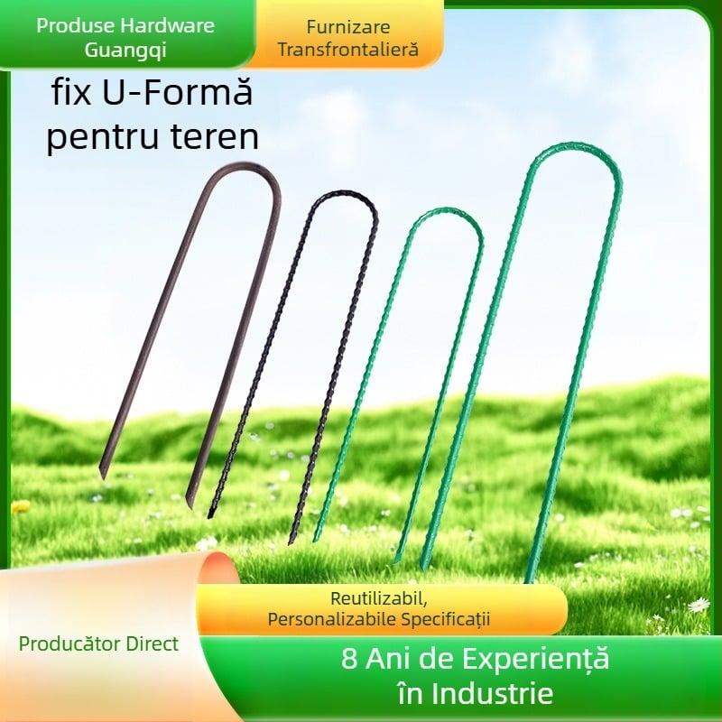 Cuie de sol în formă de U, filetate, cu vârf înclinat, galvanizate, destinate fixării conductelor în grădină și în seră și fixării foliei anti-ierbă