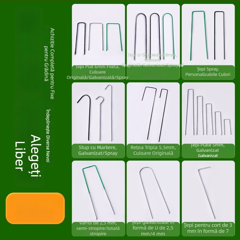 Cuie de sol în formă de U, filetate, cu vârf înclinat, galvanizate, destinate fixării conductelor în grădină și în seră și fixării foliei anti-ierbă