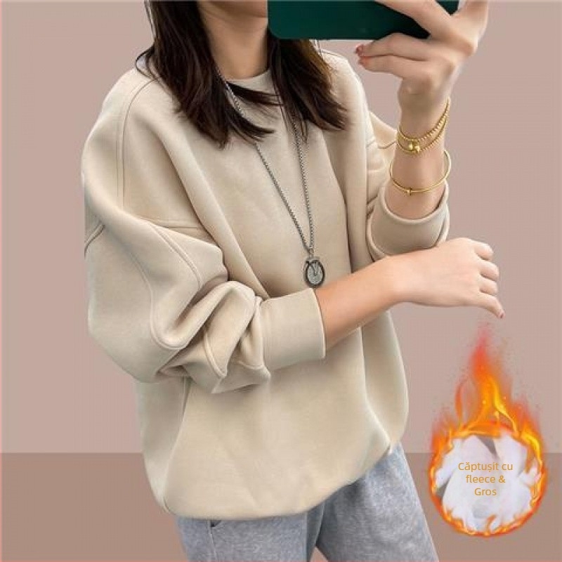 Hanorac femei cu glugă, căptușeală groasă din fleece, 95% bumbac, guler rotund, mâneci lungi